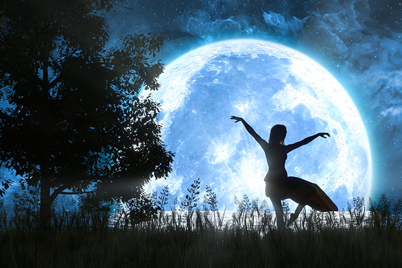 woman dancing background large full moon 3d illustration