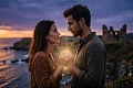 Moteris ir vyras žiūri vienas į kitą pajūrio uolos fone saulėlydžio metu. Tarp jų rankų šviečia aura su numerologiniais skaičiais. Matomos senovės griuvėsiai.