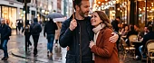 Vyras laiko skėtį ir šiltai apkabinęs šypsosi savo partnerei lietingą vakarą prie šviečiančios kavinės, patrauklių vyro savybių ir emocinio saugumo tema.