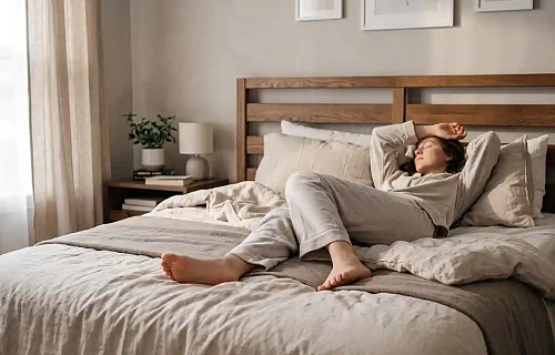 Jauna moteris šviesia pižama rąžosi dvigulėje lovoje ryte, iliustruodama feng shui principus ir asmeninę miegamojo erdvę